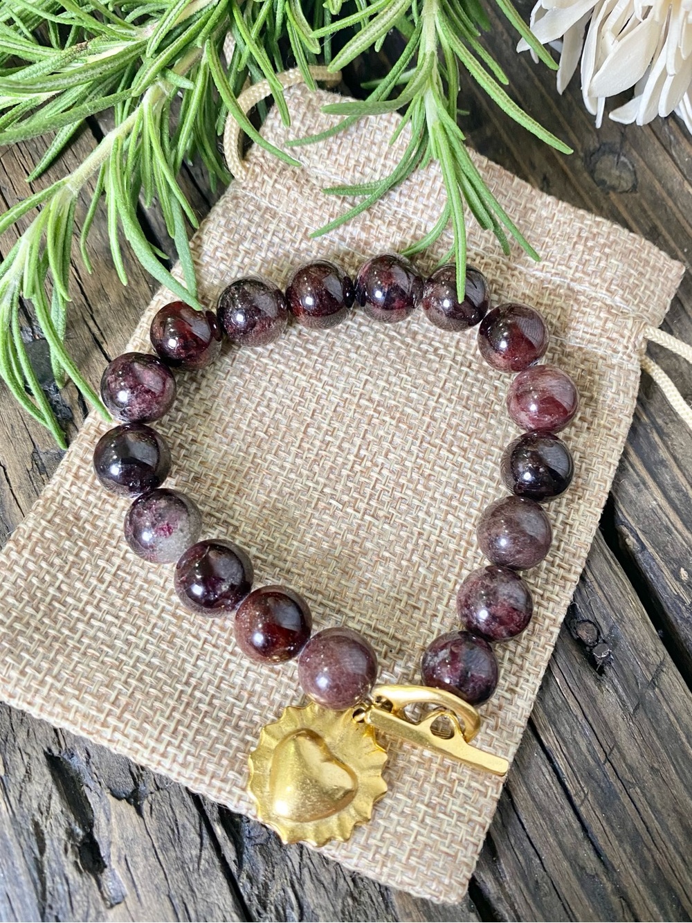 Flaming Heart Garnet Bead Stretch Bracelet, Toggle Clasp Closure